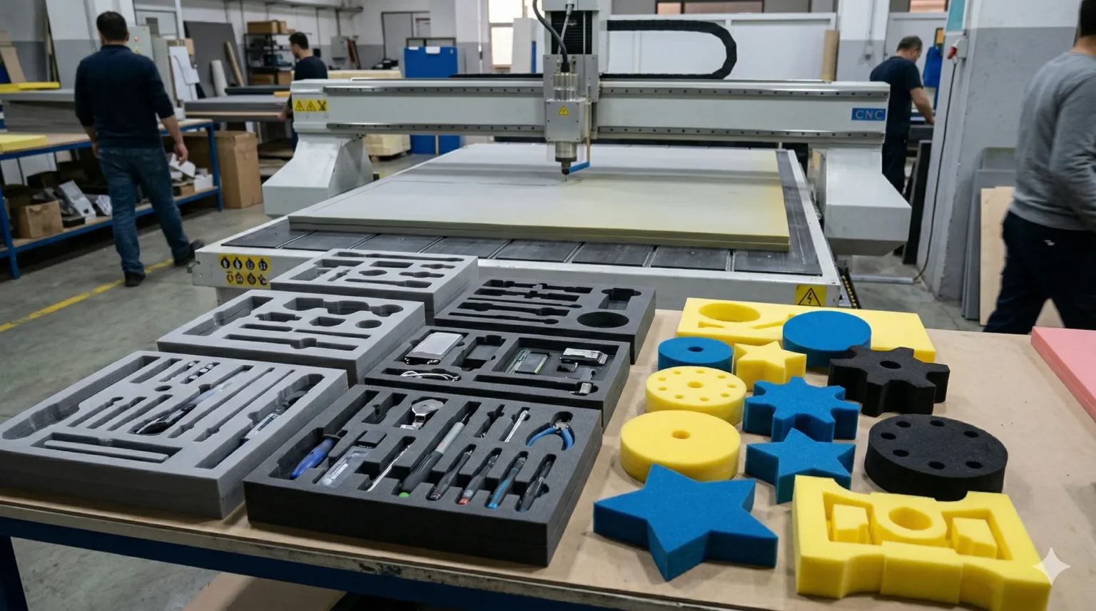 Fi Teknik atölyesinde CNC ile kesilmiş köpük ve EVA parçalar